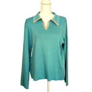 Pendleton Pullover Top V-Neck w/ Ribbon Trim Ribbed Cotton Aqua Womens XL